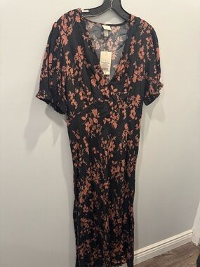 A new day Black Floral Wrap Midi Dress - Black with Rust Floral